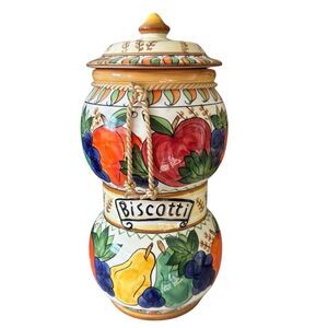 Vintage Handmade For Nonni’s Colorful Fruit Design Ceramic Biscotti Jar *Read*
